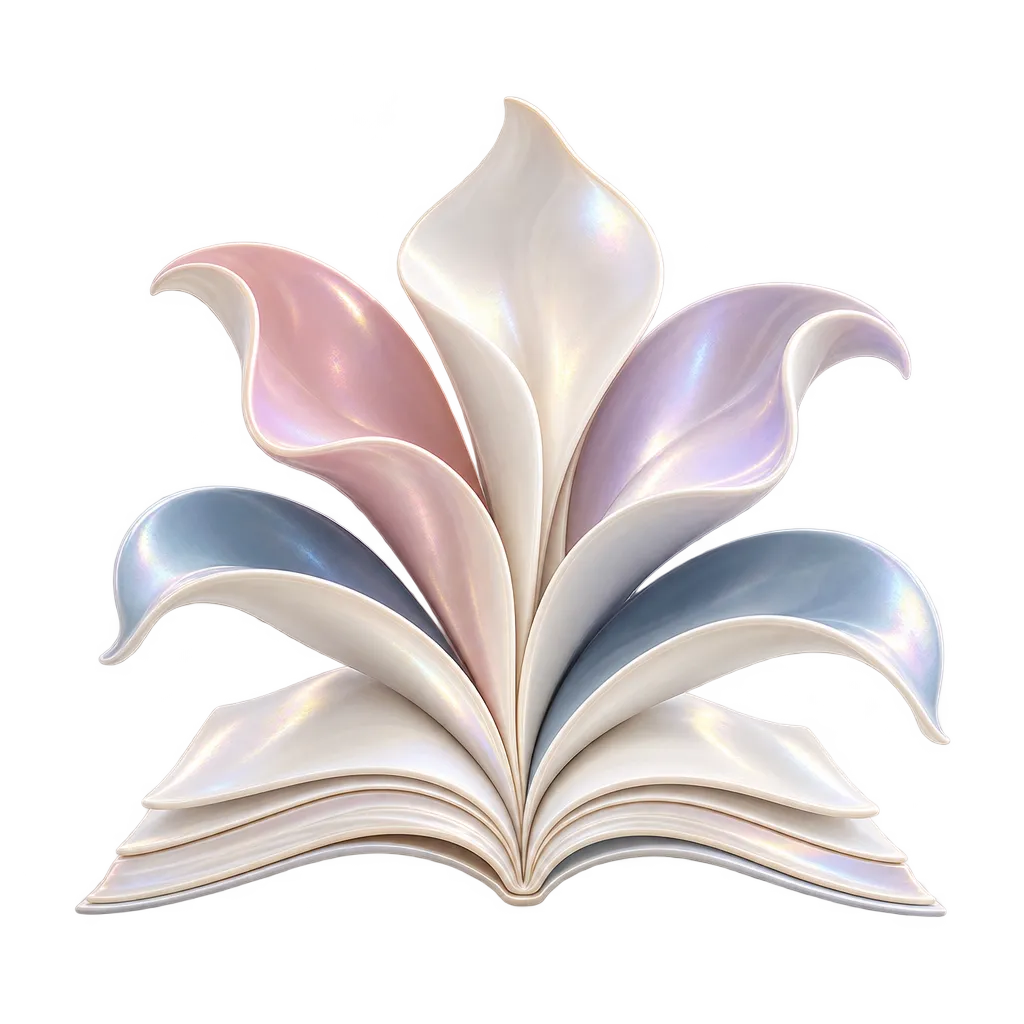 Pearl, rose and lavender book pages unfolding into five sculptural petals