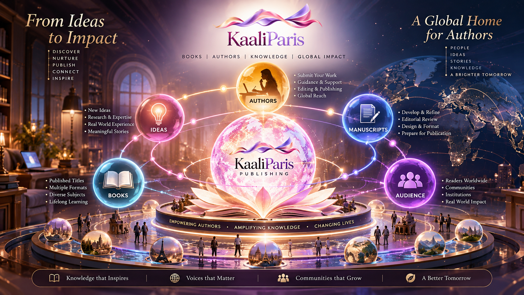 KaaliParis — From Ideas to Impact. A global home for authors, connecting ideas, authors, manuscripts, books and audiences around a luminous KaaliParis world above an open book.