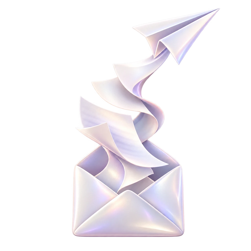 A pearl and lavender envelope releasing manuscript pages that rise into a paper airplane